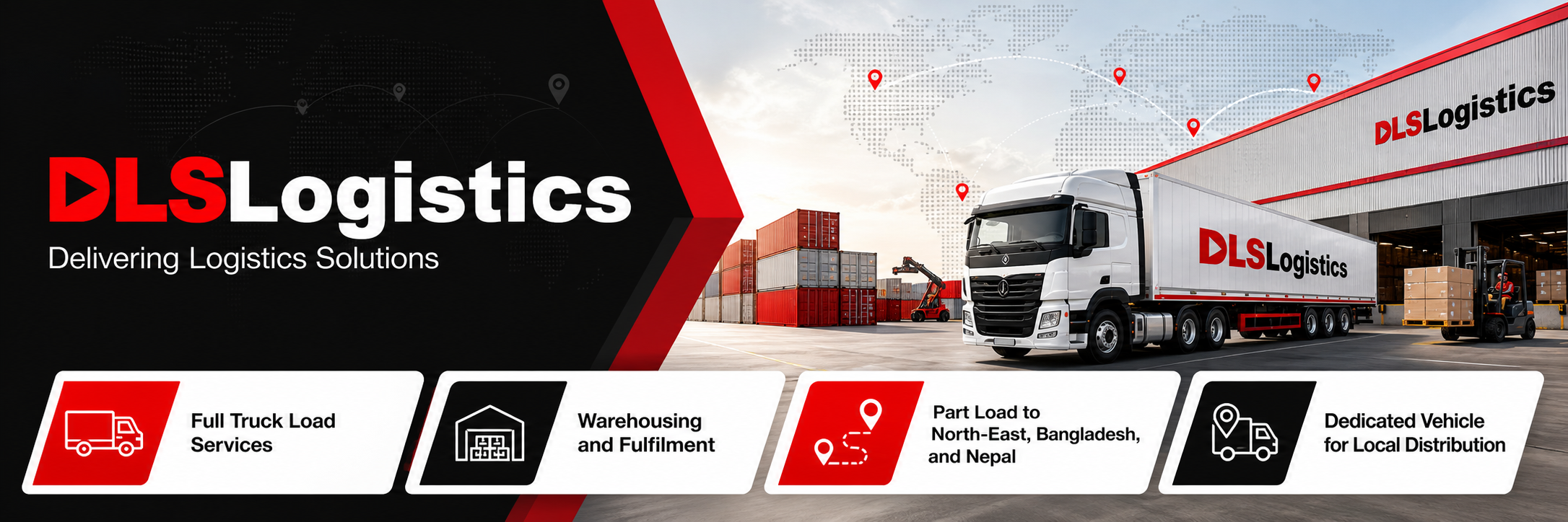 DLS Logistics Fleet and Warehousing Banner DLS Logistics - Your Trusted Partner in Integrated Logistics. Delivering Logistics Solutions with Full Truck Load, Warehousing, Part Load, and Dedicated Vehicle services